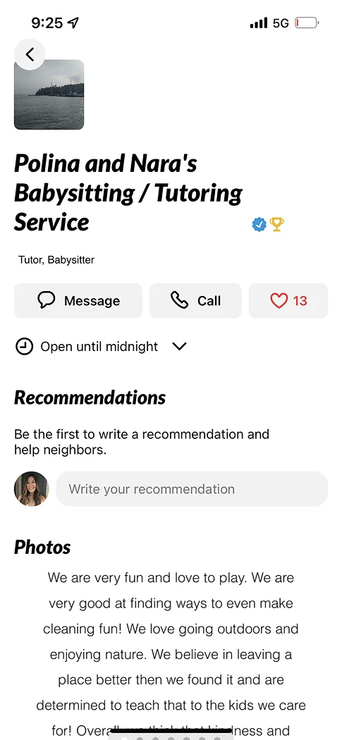A legacy Nextdoor business page for a babysitting and tutoring service