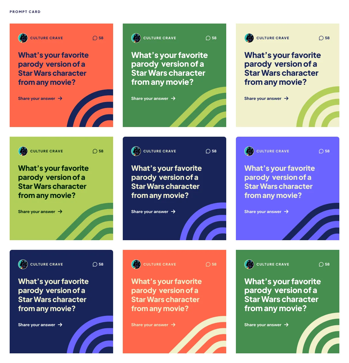 Nine community prompt cards, each asking the same question against a different ground from the palette