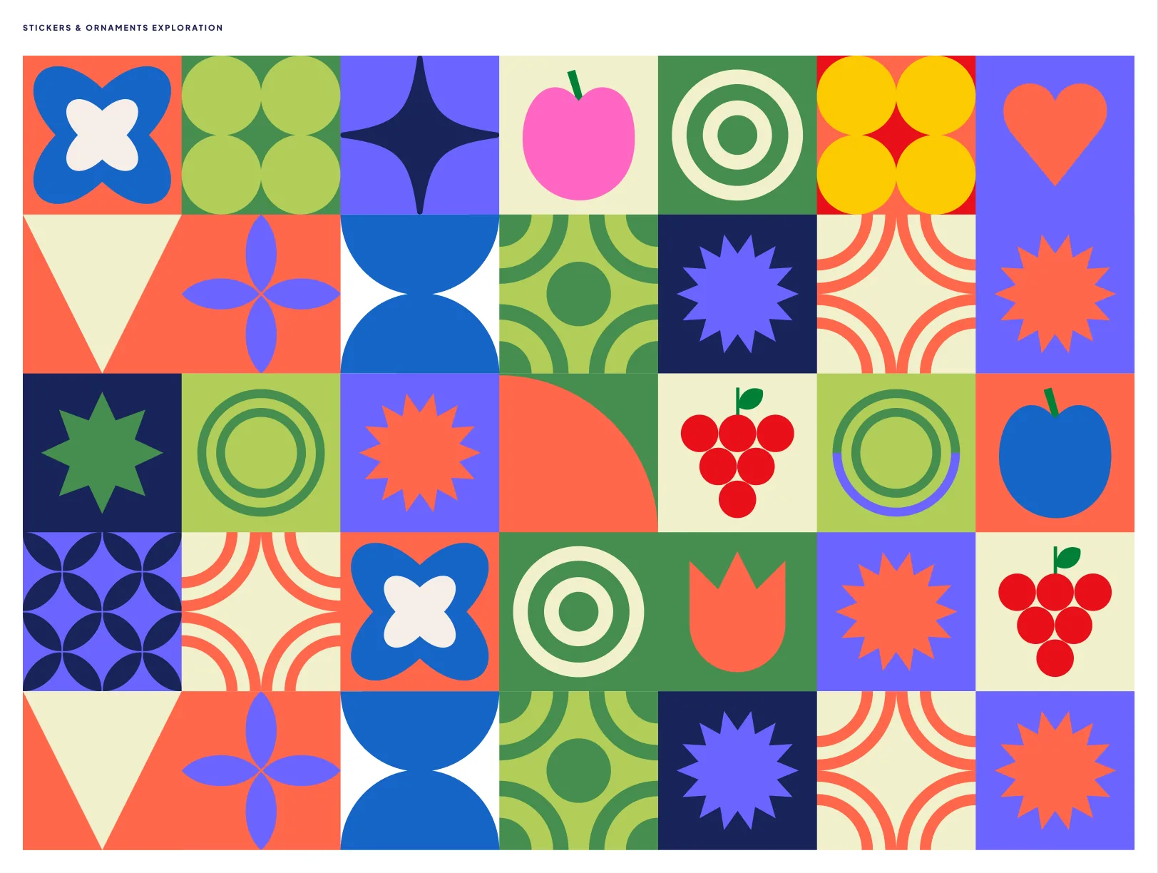A grid of stickers and ornaments: flowers, fruit, targets, stars and arches in the community palette