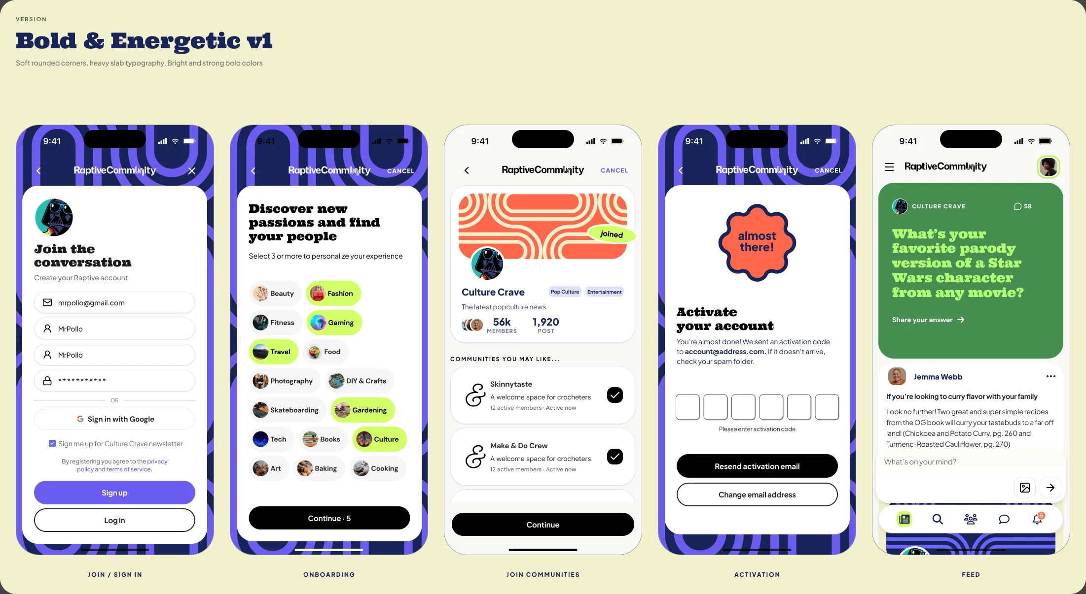 The onboarding and registration screens redrawn in the first pass of the new visual direction