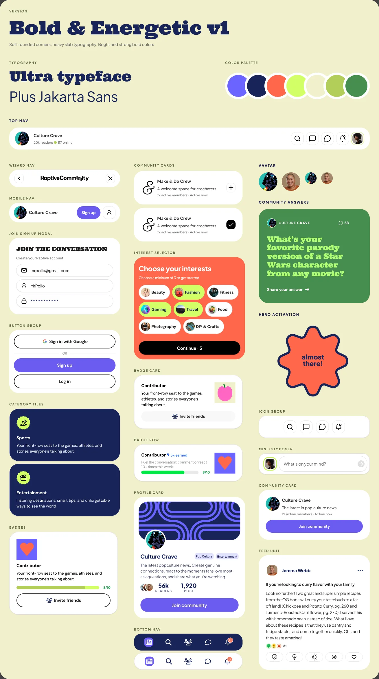 The Bold and Energetic v1 kit board: palette, typography, top nav, wizard and mobile bars, sign-up modal, button group, category tiles, badges, community cards, interest selection, profile card and bottom bar