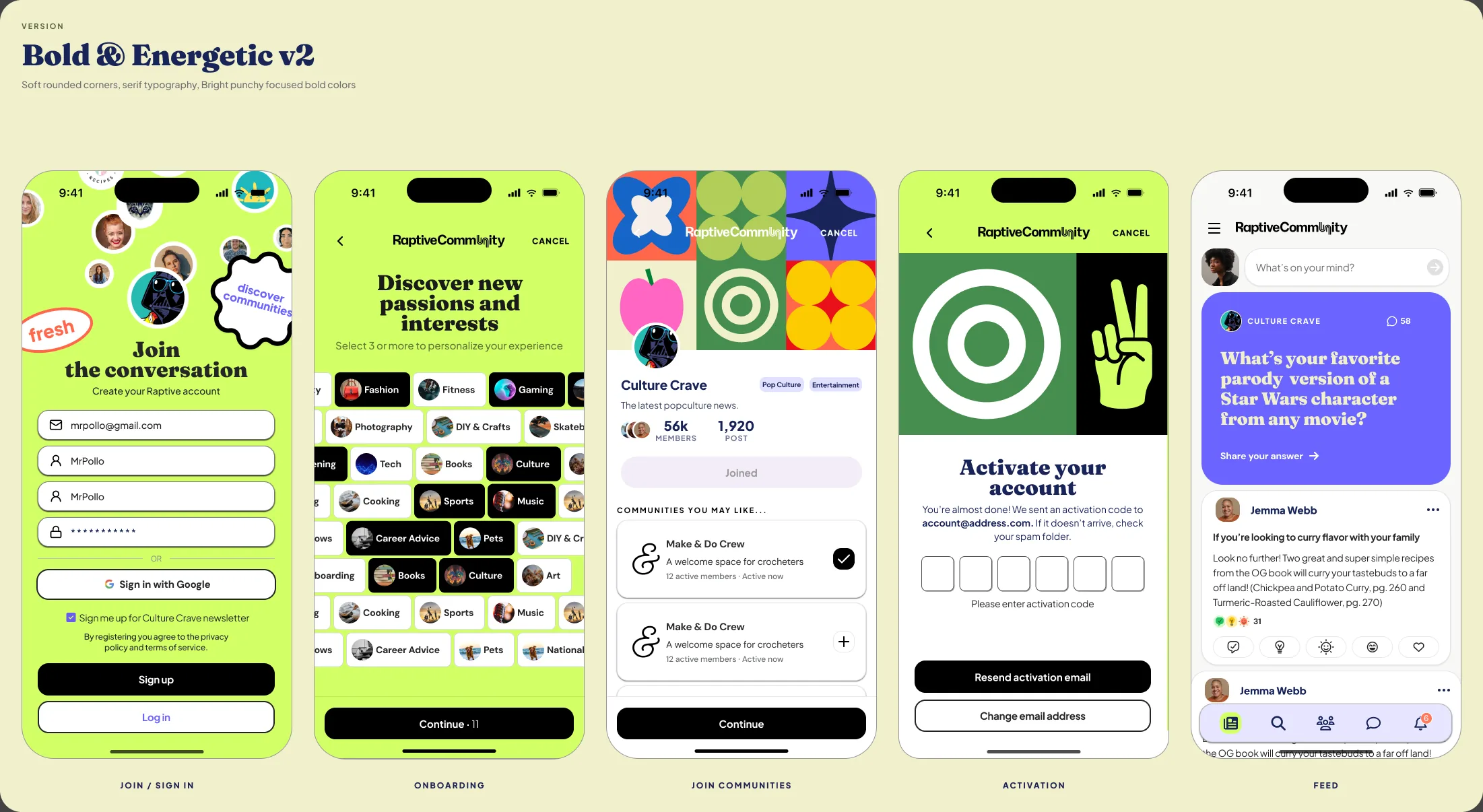 The same screens in the second pass of the new visual direction, with heavier display type and the pattern work carried in