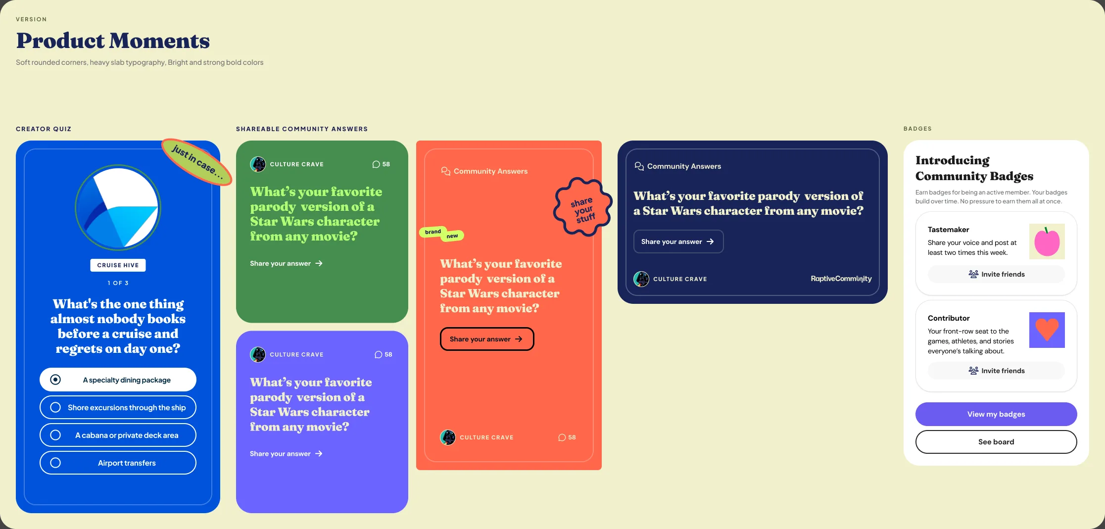 Product moments in the new direction: a creator quiz, four shareable community answer cards in purple, green, coral and navy, and a community badges panel
