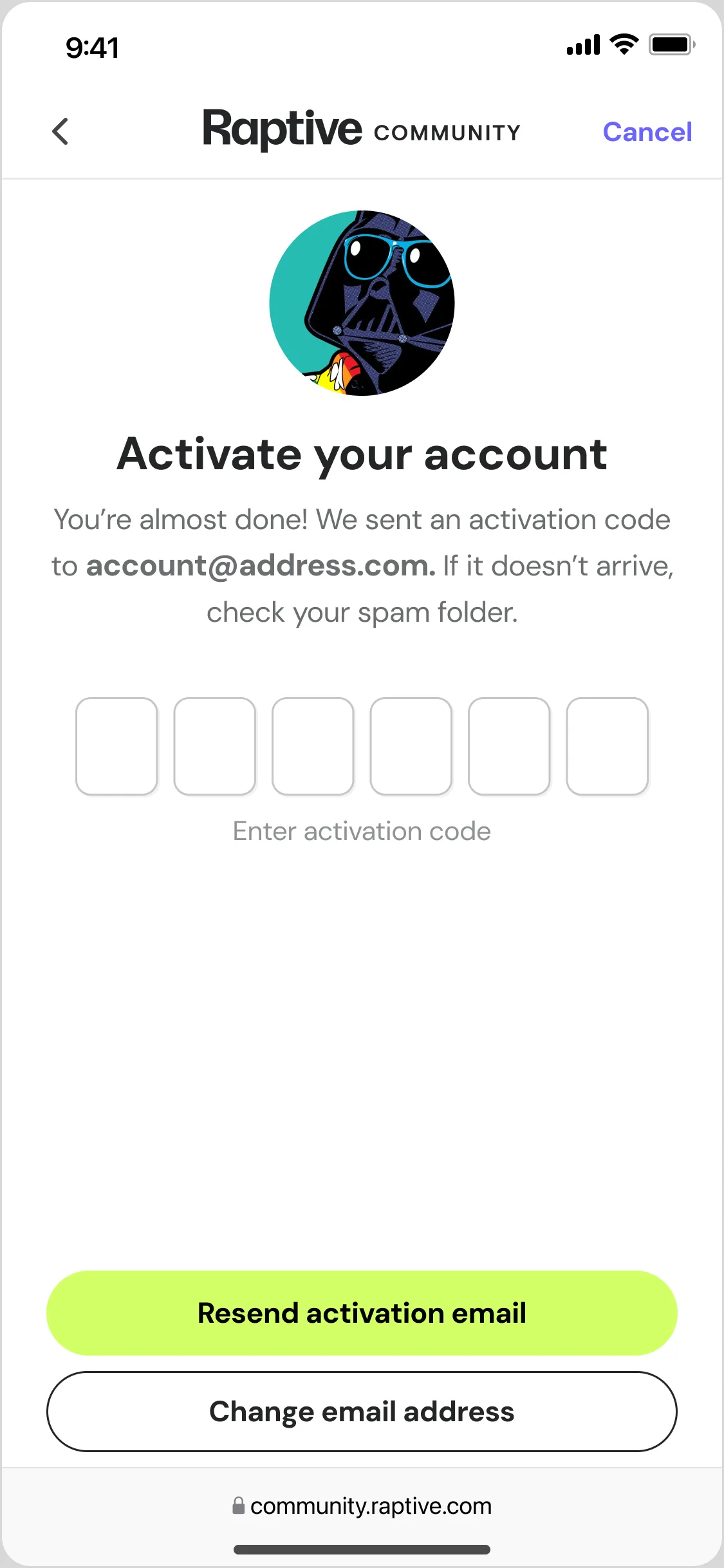 The account activation screen in production today, with a six-box activation code field