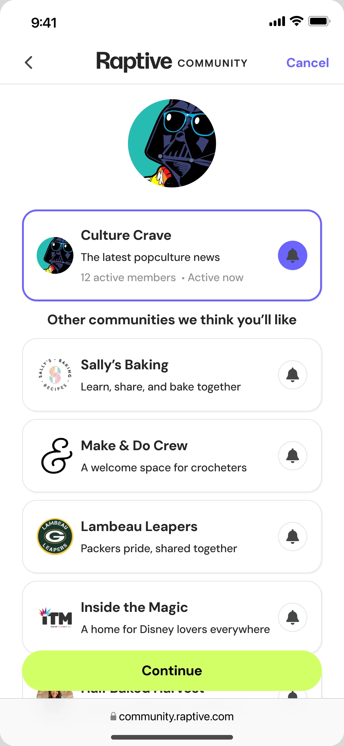 The community follow screen in production today, with a notification bell per community