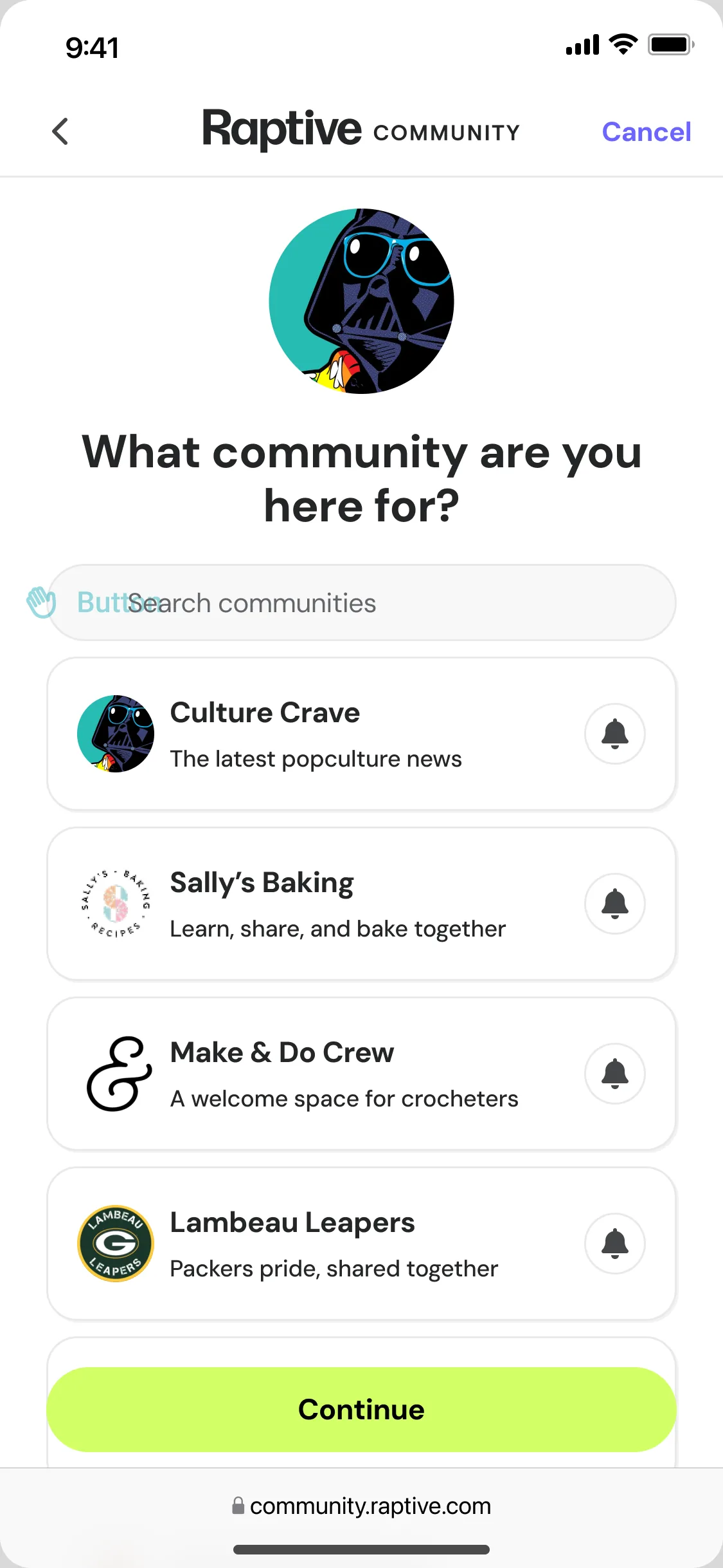 The community picker in production today, asking which community the reader is here for