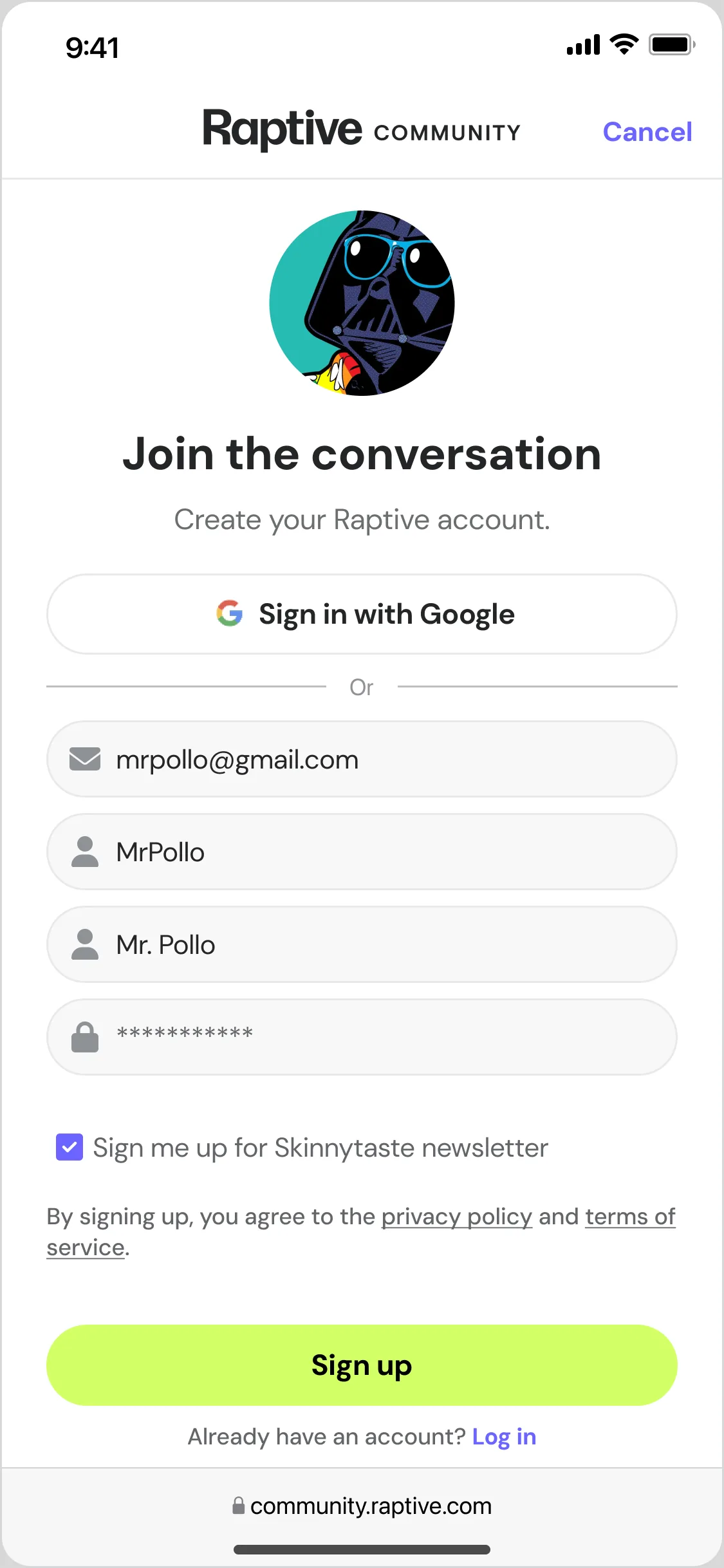 The create-account screen in production today: sign in with Google, or email, username, display name and password